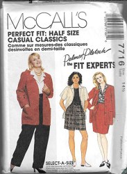 7716 MCCALLS HALF SIZE PALMER PLETSCH JACKET, BLOUSE, PULL ON SKIRT, PANTS, SHORTS PATTERN 20 1/2 43"B or 24.5 choice uncut